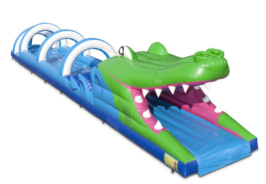 Encomende um escorregador de barriga inflável de 18 metros em um tema de crocodilo para seus filhos online. Compre escorregadores de barriga infláveis ​​agora online na JB Insuflaveis Portugal