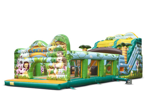 Mega escorregador inflável no tema do mundo da selva com obstáculos 3D para crianças. Compre escorregadores infláveis ​​agora online na JB Insuflaveis Portugal