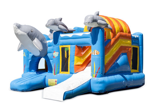Compre um castelo insuflável multijogador azul com o tema golfinho e escorregador para crianças. Encomende castelos insufláveis ​​online na JB Insufláveis ​​Portugal