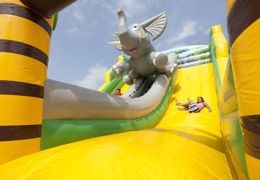 Slide inflável no tema jungleworld com figuras 3D engraçadas e estampas coloridas para crianças. Ordene escorregadores infláveis ​​agora online em JB Insuflaveis Portugal