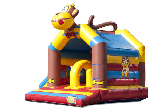 Compre um castelo insuflável multijogador interno com slide no tema macaco para crianças. Encomende castelos insufláveis ​​online na JB Insufláveis Portugal