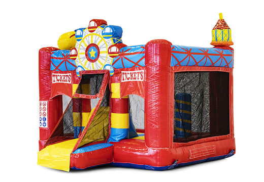 Pequeno castelo insuflável com tema de circo e escorregador para comprar para crianças. Encomende castelos insufláveis na JB Insufláveis Portugal