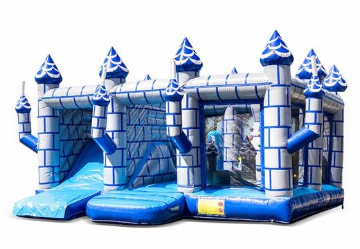 Compre um grande castelo insuflável multijogador aberto azul branco com escorregador no castelo interno temático para crianças. Encomende castelos insufláveis ​​online na JB Insufláveis ​​Portugal